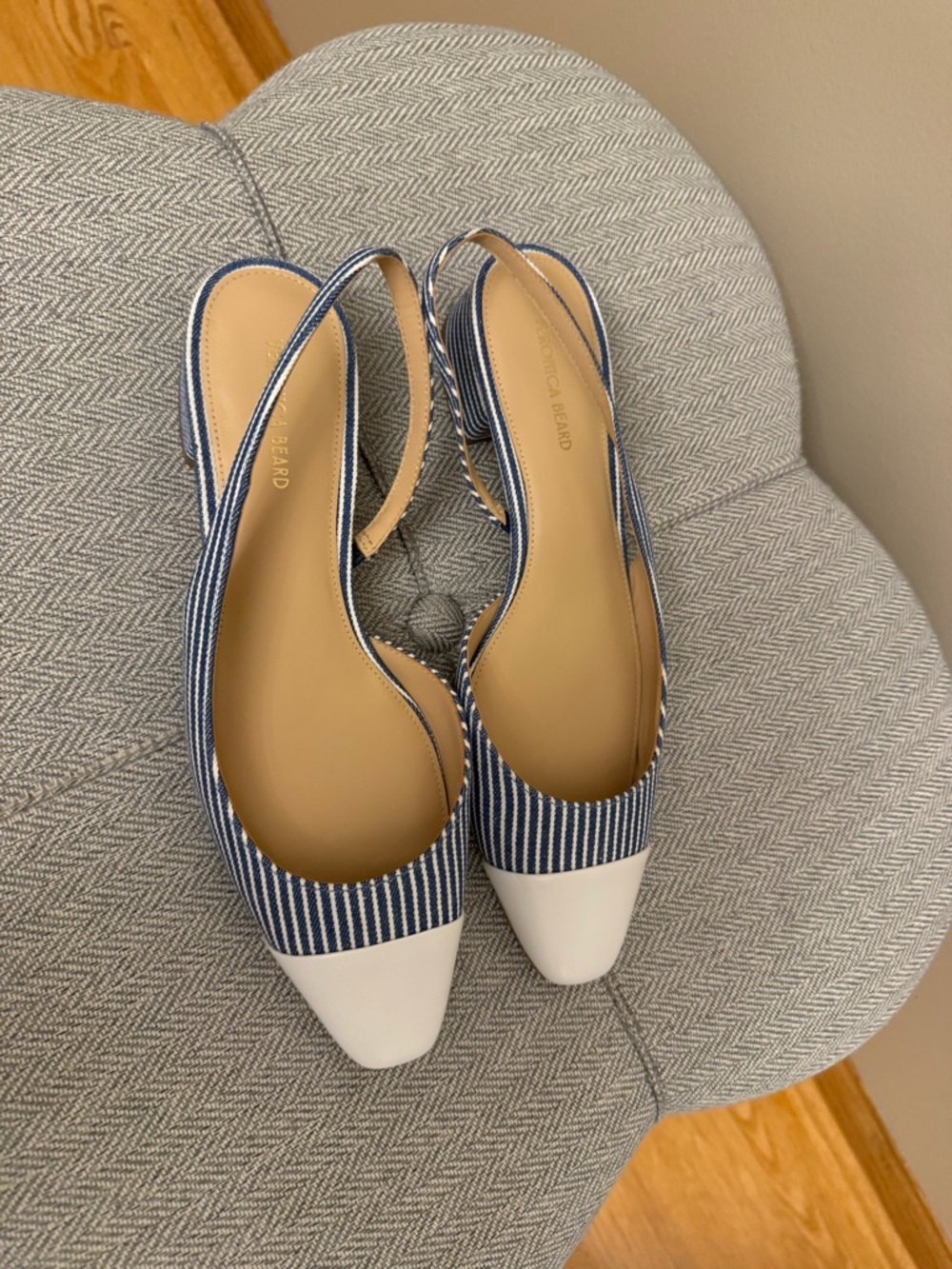 NEW Veronica Beard Blue Stripe and White Cap-Toe Slingback Mules - Picture 2 of 8